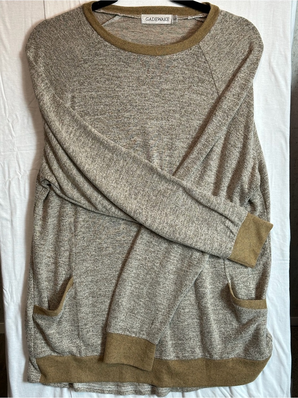 Gadewake Marled Knit Crewneck Pullover Pocket Sweatshirt Brown Tan L